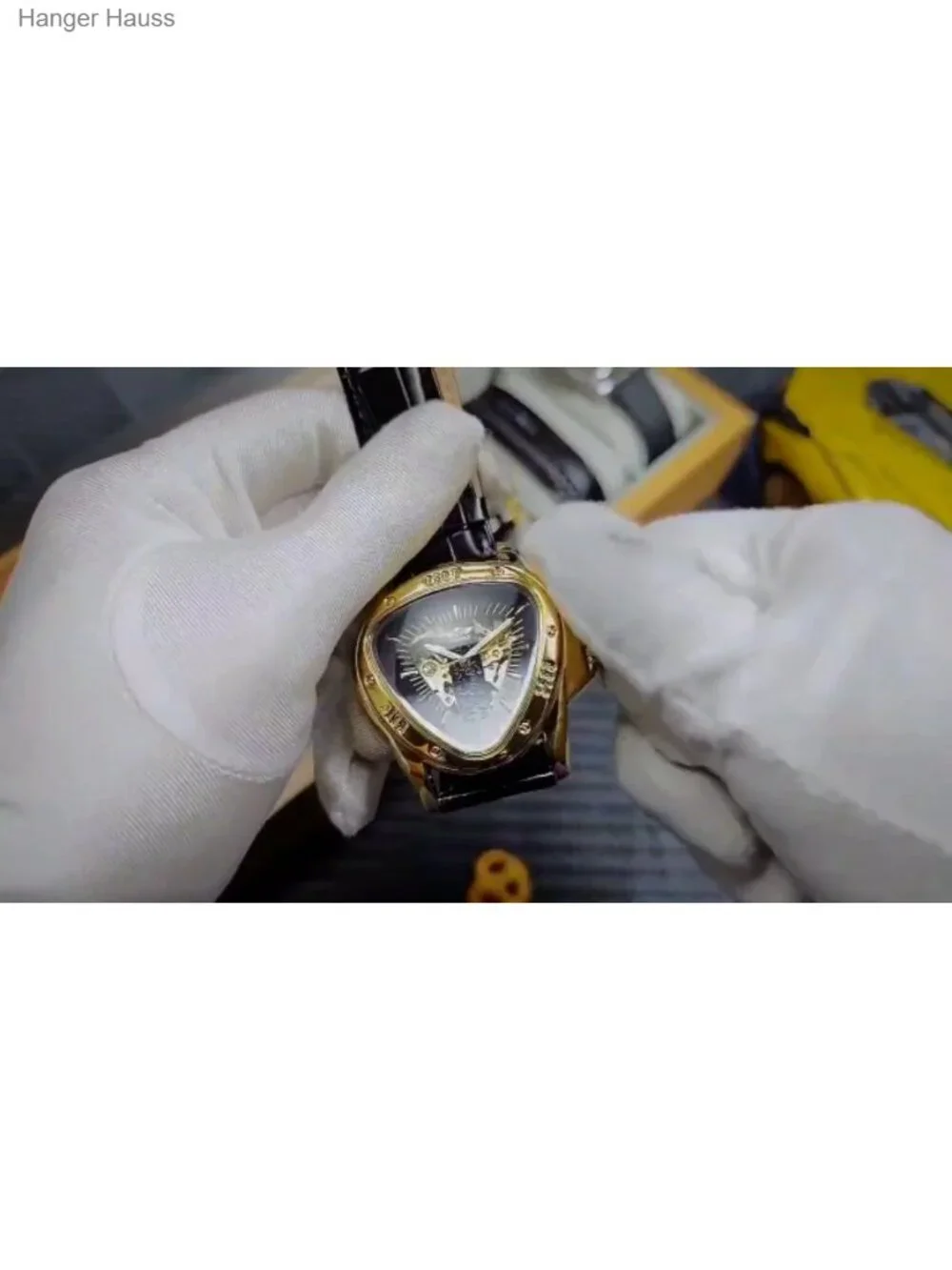 FORSINING Gold Automatic Mechanical Wrist Watch with Triangle Dial & Leather
